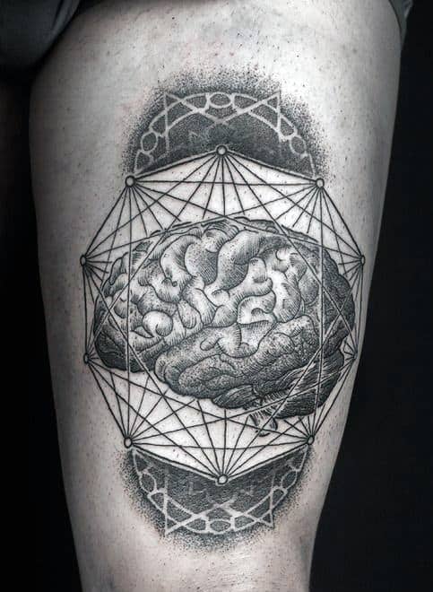 Male Forearms Brain Inside Ten Sided Figurine Tattoo