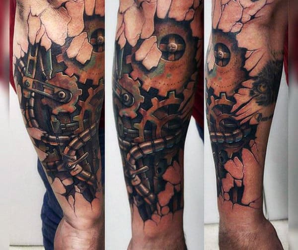 Male Forearms Cracked Skin Steampunk Tattoo