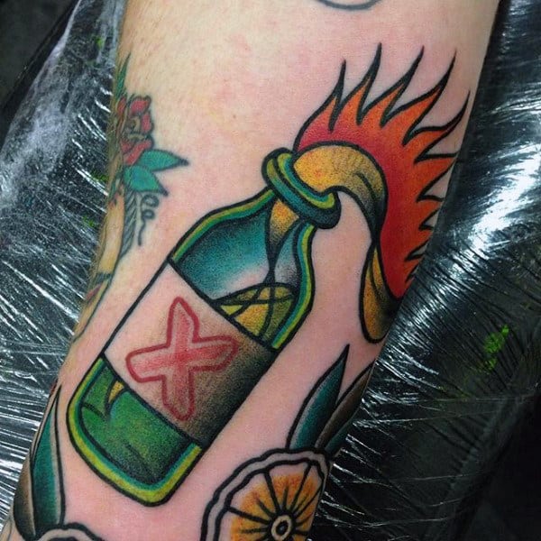 Male Forearms Danger Bomb In Bottle Tattoo
