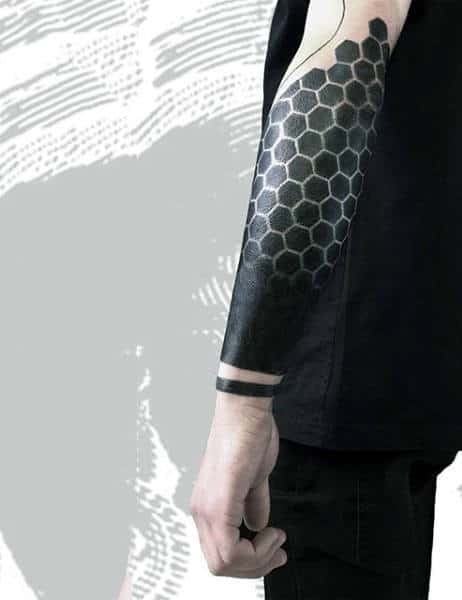 Male Forearms Dark Jet Black Honeycomb Tattoo
