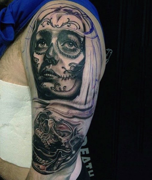 Male Forearms Dusty Grey Day Of The Dead Girl And Skull Tattoo
