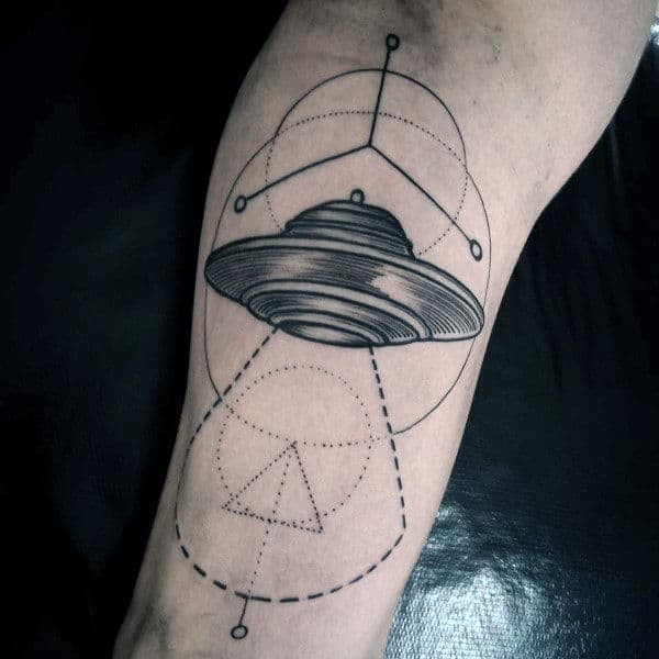 Male Forearms Geometric Lines And Ufo Tattoo