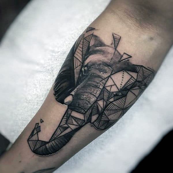 Male Forearms Geomterical Pattern Black And Grey Elephant Tattoo