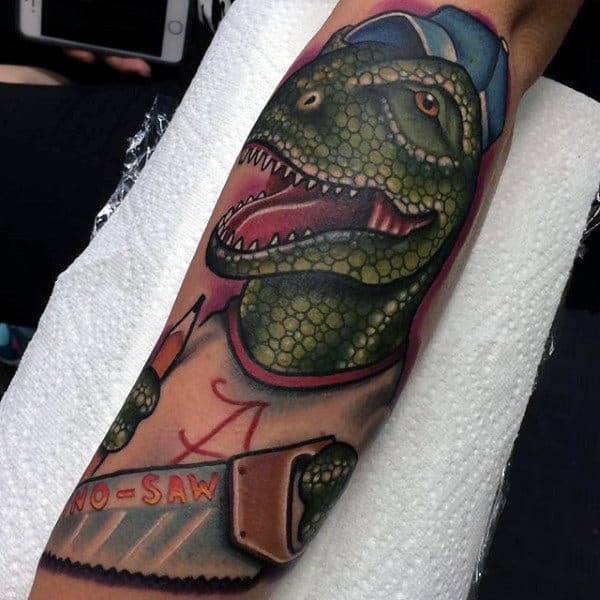 Male Forearms Green Dotted Dinosaur Tattoo