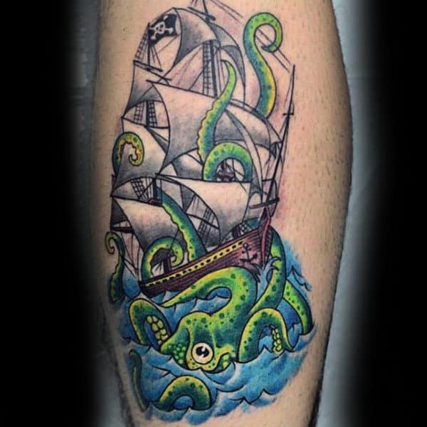 Male Forearms Green Octupus Tentacles New School Tattoo