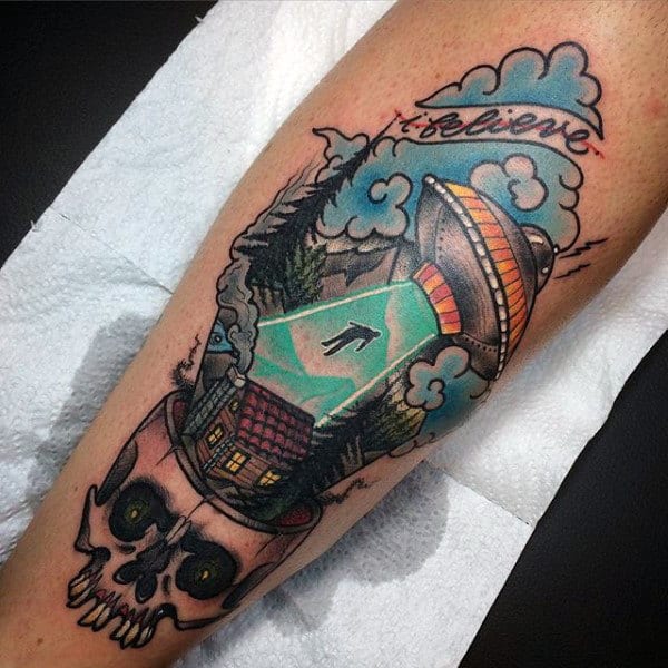 Male Forearms Green Spotlight Ufo Tattoo With Skull