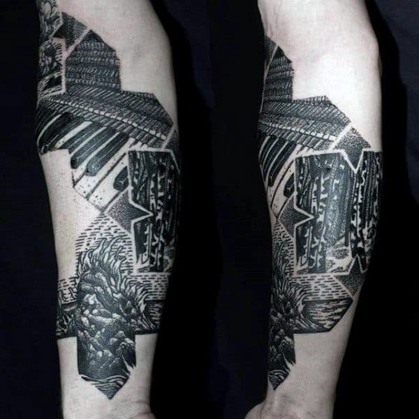 Male Forearms Grey Black Dotwork Tattoo