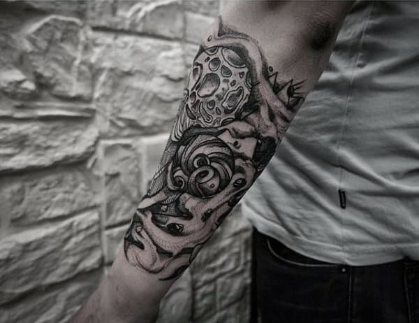 Male Forearms Grey Dotwork Tattoo