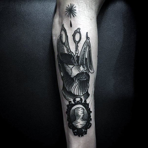 Male Forearms Grey Mirror Straight Razor Tattoo