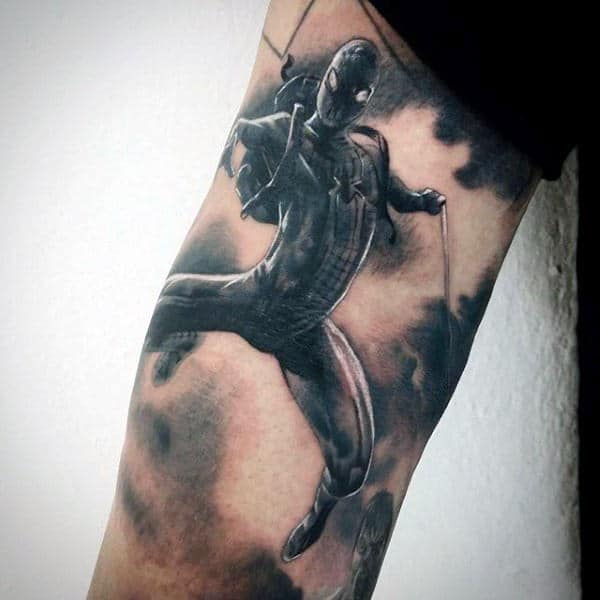 Male Forearms Grey Spider Man Tattoo