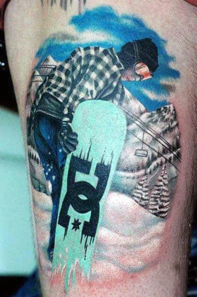 Male Forearms Icy Blue Snowboard Tattoo And Cable Car