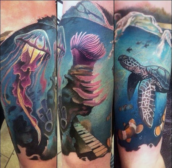 Male Forearms Jellywish And Underwater Life Tattoo