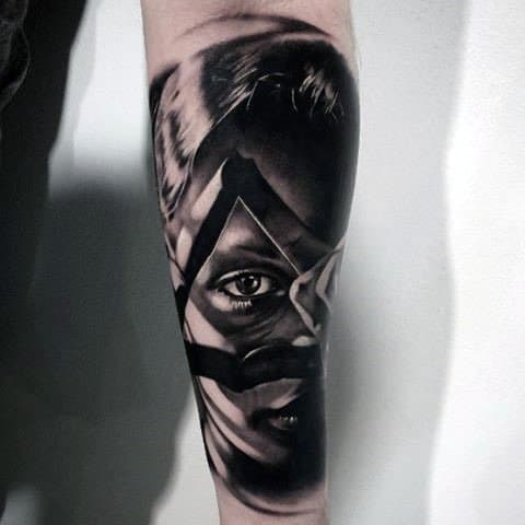 Male Forearms Lady With Sharp Eye Tattoo