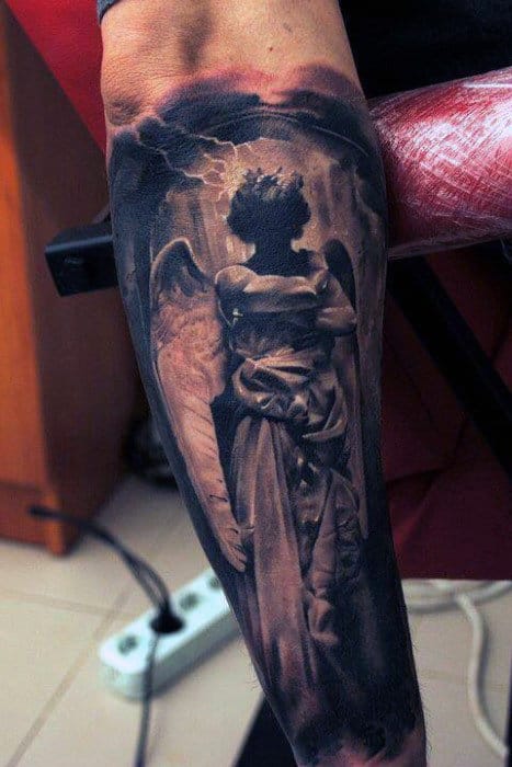Male Forearms Long Robed Guardian Angel Tattoo