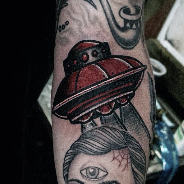 Male Forearms Maroon Spaceship Tattoo