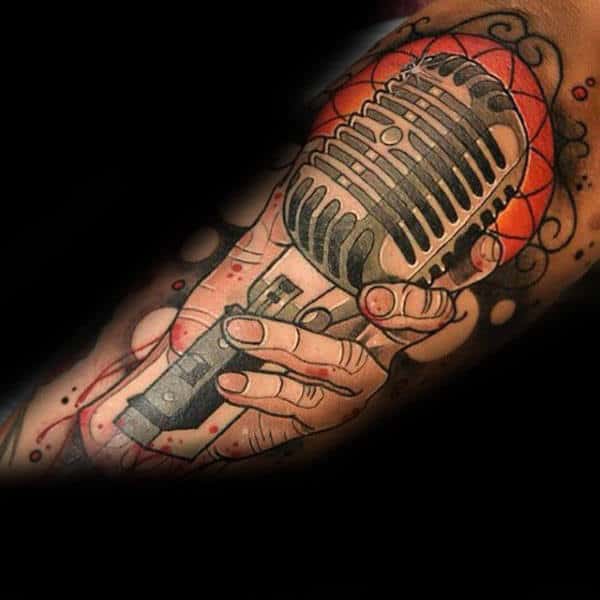Male Forearms Orange Shaded Microphone Tattoo