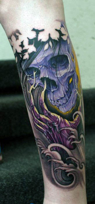 Male Forearms Purple Skull And Bony Hands Neo Traditional Tattoo