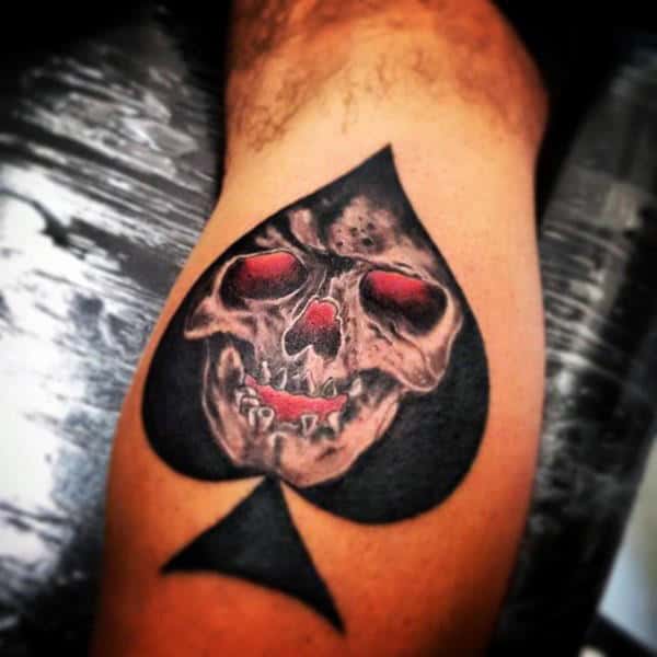 Male Forearms Red Eyed Skull And Spade Tattoo