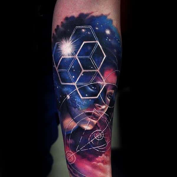 Male Forearms Sensual Lady And Blocks Astronomy Tattoo