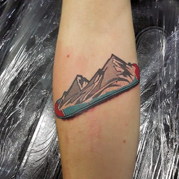 Male Forearms Sharp Peaked Hills And Snowboard Tattoo