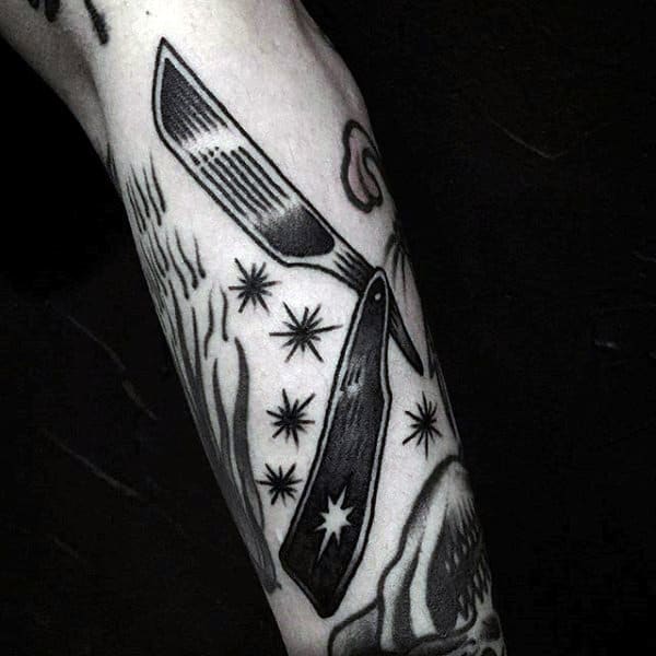 Male Forearms Starry Black And White Straight Razor Tattoo