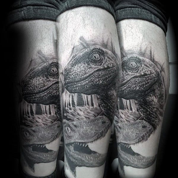 Male Forearms Stunning Grey Pair Of Dinosaurs Tattoo
