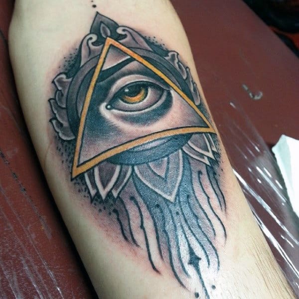 Male Forearms Yellow Eyed Illuminati Tattoo