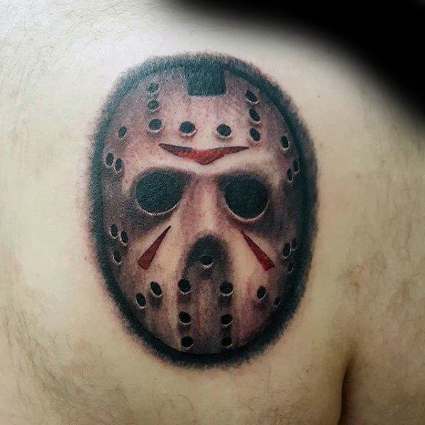 Male Friday The 13th Jason Mask Tattoo Ideas On Shoulder Blade Of Back