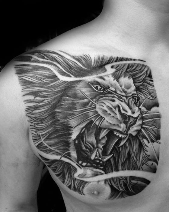 Male Front Of Shoulder Tattoo With Lion Design