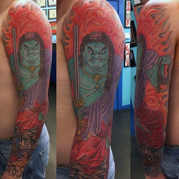 Male Fudo Myoo Full Arm Sleeve Tattoo Design Inspiration