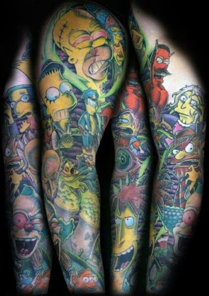 Vibrant full-sleeve tattoo packed with Simpsons characters in a surreal, chaotic, and colorful design.