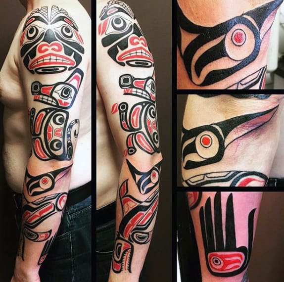 Male Full Arms Red Black Haida Tattoo