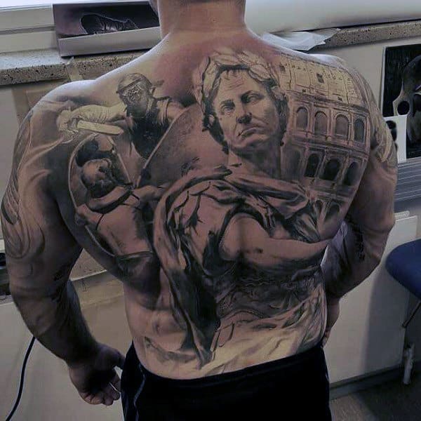 Male Full Back Roman Warriors Fight Tattoo