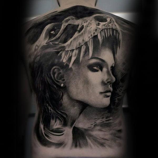 Male Full Back Lady Inside Dinosaurs Mouth Tattoo