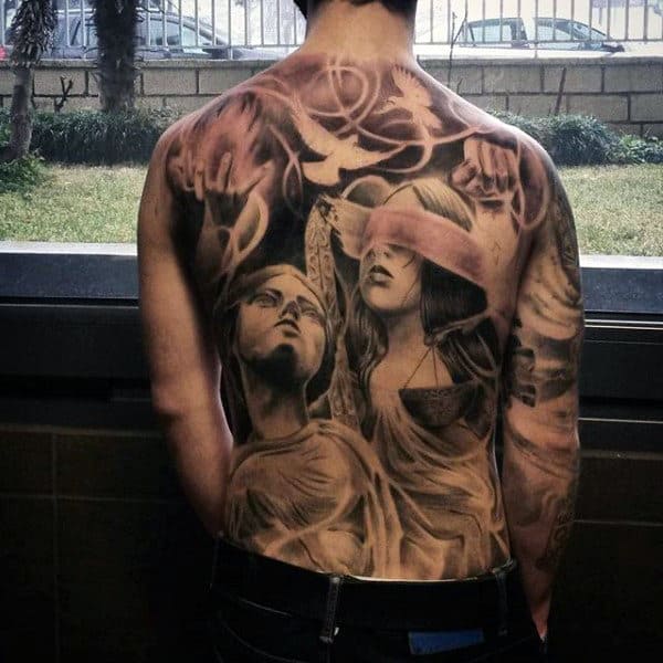 Male Full Back Lady Of Fair Judgenment Peace Doves Tattoo