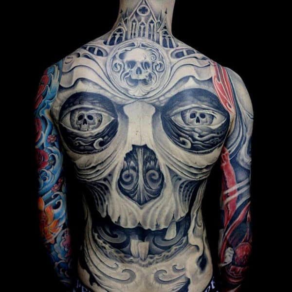 Male Full Back Peculiar Grey Skull Tattoo