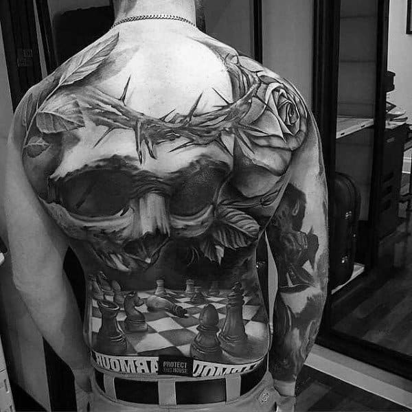 Male Full Back Realistic Chess And Skull Eye Tattoo