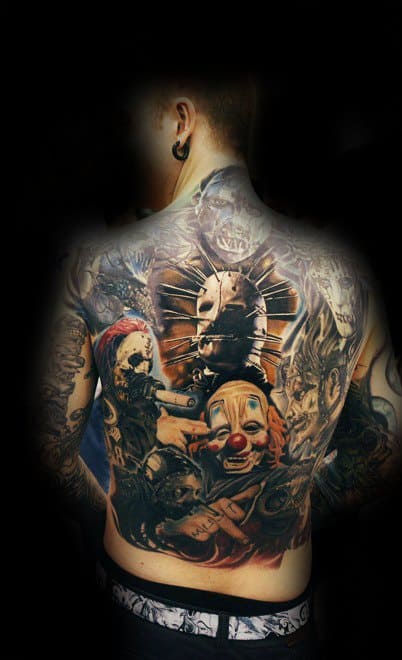 Male Full Back Tattoo With Slipknot Design