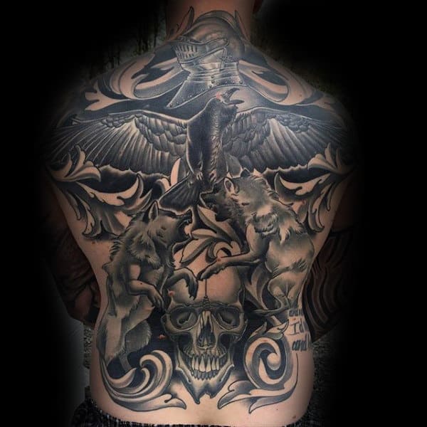 Male Full Back Wonderfully Sick Gray Tattoo