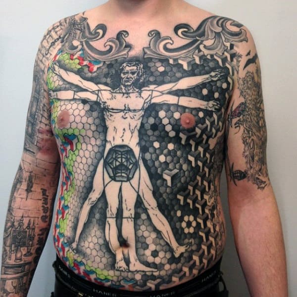 Male Full Chest Geometric Pattern Vitruvian Man Tattoos