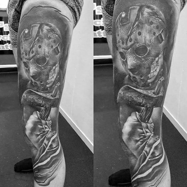 Male Full Legs Alien With Axe Realism Tattoo