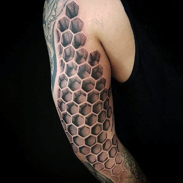 Male Full Sleeved Cubical Honeycomb Tattoo