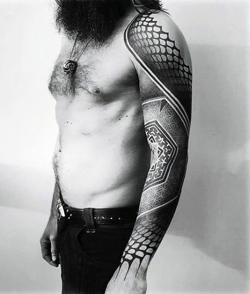 Male Full Sleeves Black And Grey Pattern Tattoo