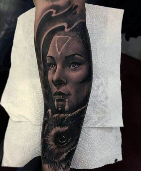 Male Full Sleeves Black And White Hunter Lady Tattoo