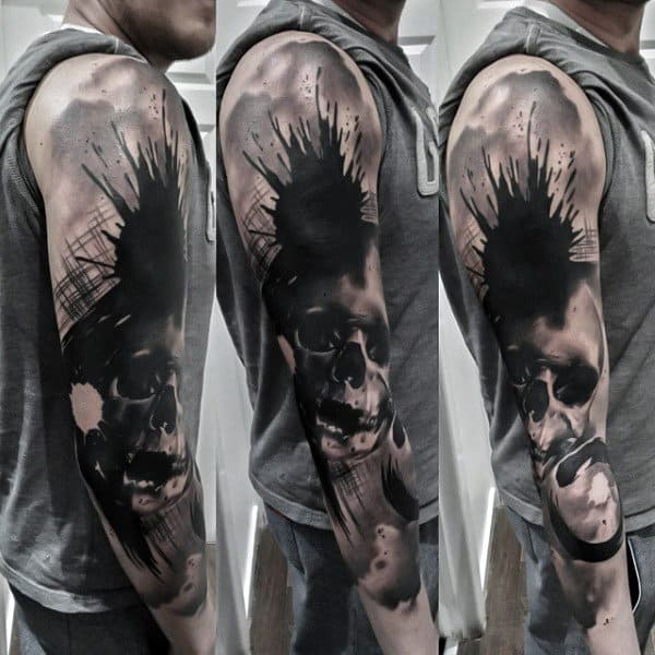 Male Full Sleeves Black Blast And Skull Manly Tattoo
