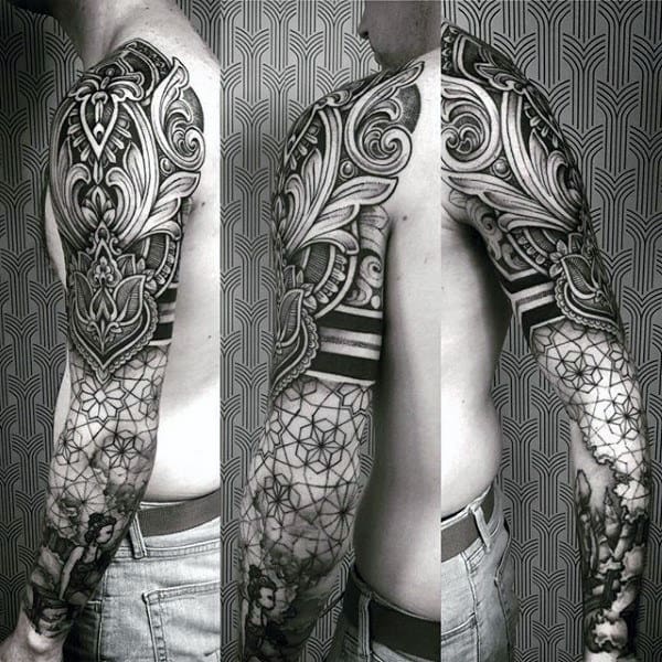 Male Full Sleeves Black Dark Pattern Tattoo