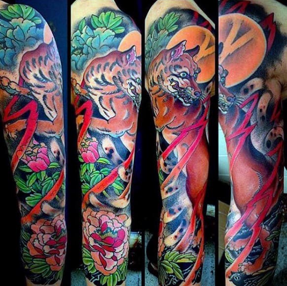 Male Full Sleeves Colorful Fox And Flower Tattoo