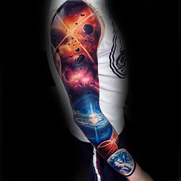 Male Full Sleeves Dazzling Astronomical Tattoo