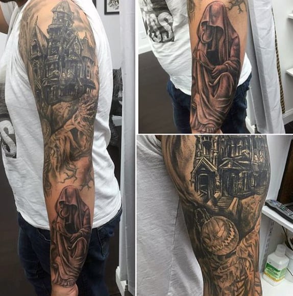 Male Full Sleeves Fantastic Grey Halloween Tattoo
