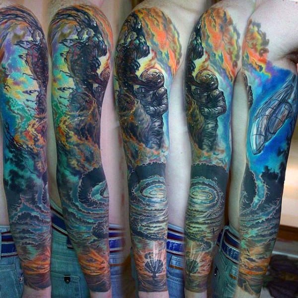 Male Full Sleeves Impressive Astronomy Tattoo